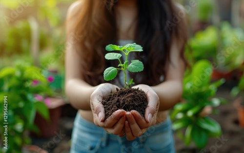 Obraz na płótnie A young woman carefully cradles a small green plant seedling in her hands, new life and growth. w salonie