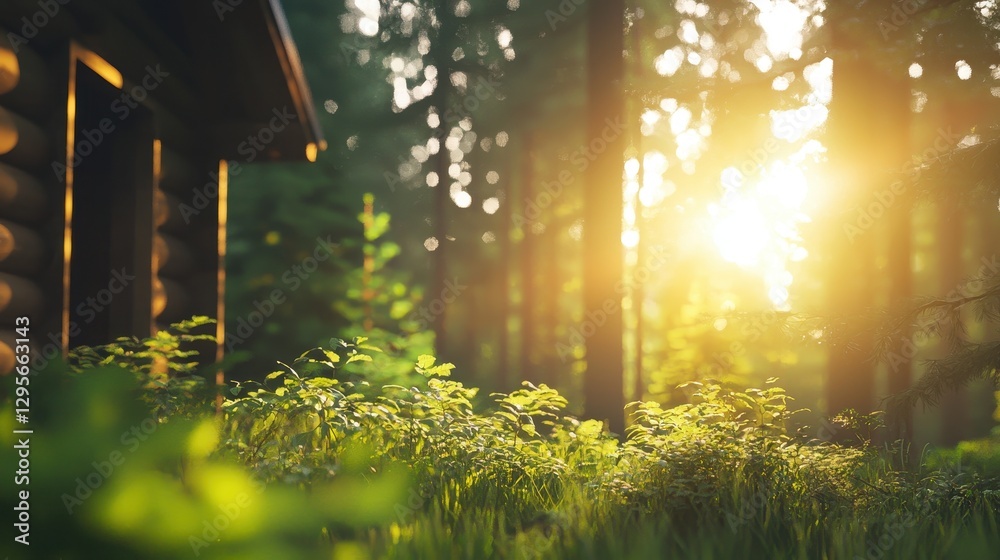 Obraz premium A serene forest scene featuring a cabin bathed in warm sunlight, surrounded by lush greenery and tall trees.