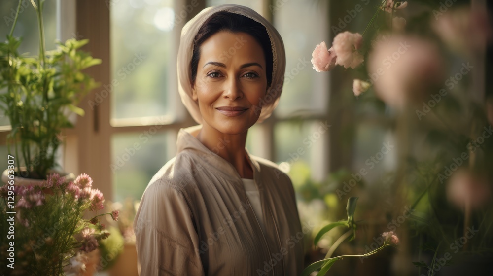 Elegant mature woman in headscarf surrounded by lush greenery and blooming flowers standing near sunlit window in a cozy home Elegant mature woman in headscarf surrounded by lush greenery and blooming flowers standing near sunlit window in a cozy home