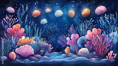 Watercolor Coral Reef Painting with Seashells and Marine Life