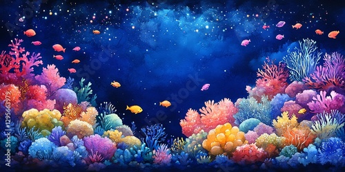 Colorful Coral Reef with Fish and Starry Sky Underwater Scene