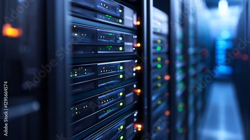 High-tech server room filled with glowing LED lights and advanced data storage systems : Generative AI