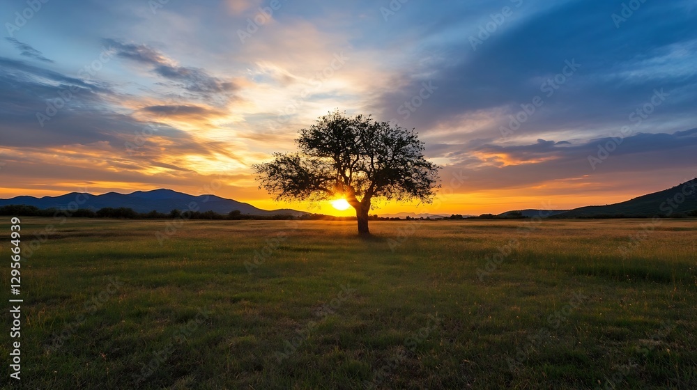Stunning sunset scenic landscape with a solitary tree and majestic mountains creating a dramatic twilight atmosphere : Generative AI Stunning sunset scenic landscape with a solitary tree and majestic mountains creating a dramatic twilight atmosphere : Generative AI