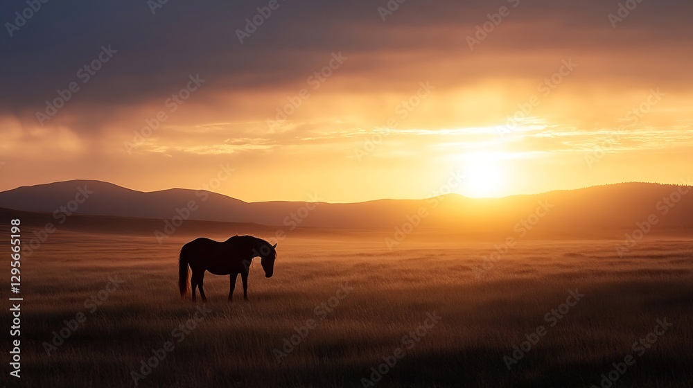 Black Horse Standing in an Open Field During a Golden Sunset with Soft Light Illuminating the Scene : Generative AI Black Horse Standing in an Open Field During a Golden Sunset with Soft Light Illuminating the Scene : Generative AI