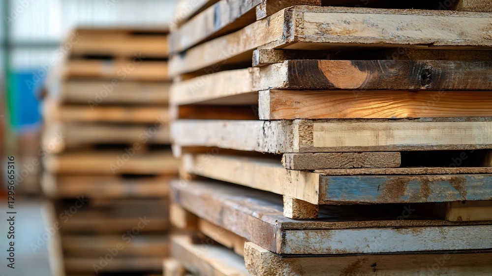 Stacked wooden pallets in a warehouse setting showcasing industrial design and sustainable materials : Generative AI Stacked wooden pallets in a warehouse setting showcasing industrial design and sustainable materials : Generative AI