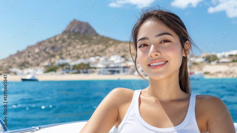 Malay woman wearing sleeveless t-shirt sitting on a boat at Cabo San Lucas Malay woman wearing sleeveless t-shirt sitting on a boat at Cabo San Lucas