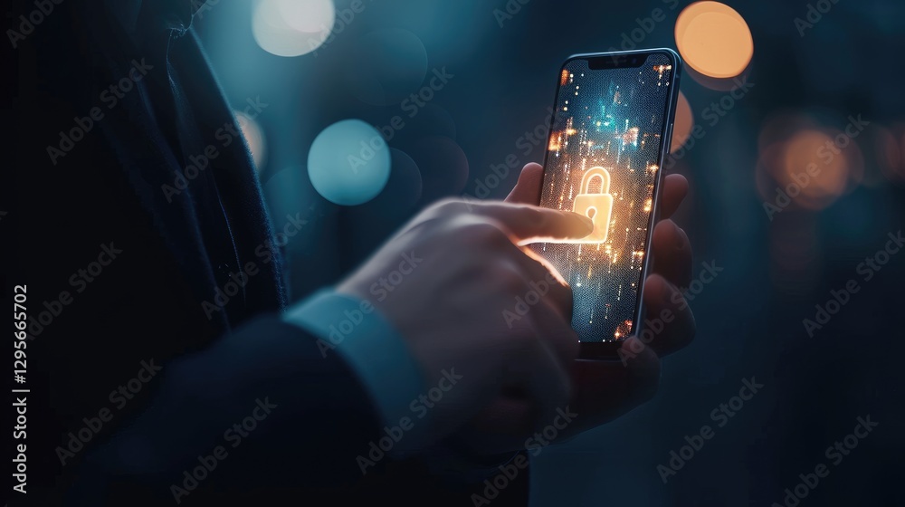Businessman uses his smartphone to activate a digital lock symbolizing mobile security and data protection.