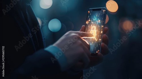Obraz na płótnie Businessman uses his smartphone to activate a digital lock symbolizing mobile security and data protection. w salonie