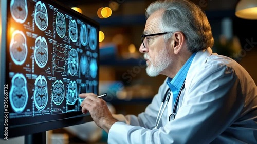 Senior Doctor Analyzing Brain Scans on Computer photo