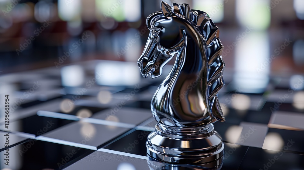 A Polished Silver Knight Chess Piece on Board