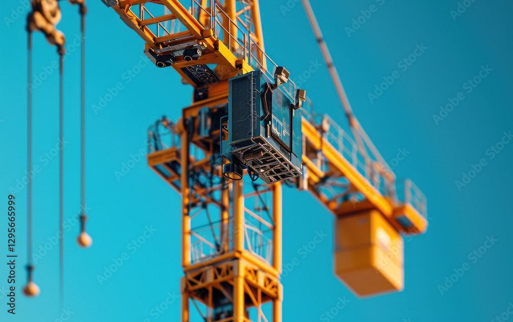 Construction crane operator sits in their elevated cabin high above a bright blue sky.