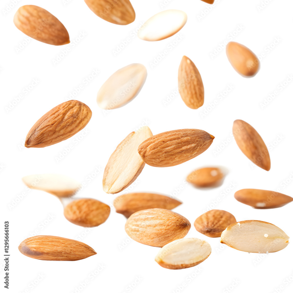 Scattered Almond Slices with Light Floating Motion. Perfect for: Baking Advertisements, Health Campaigns, Nut-Based Recipes Scattered Almond Slices with Light Floating Motion. Perfect for: Baking Advertisements, Health Campaigns, Nut-Based Recipes