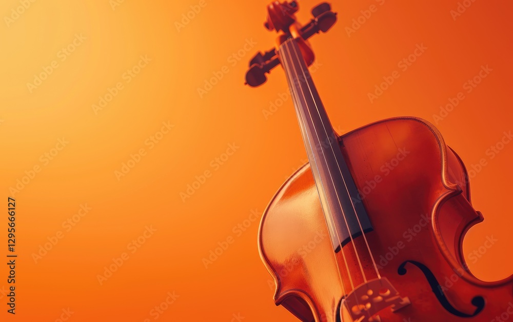 Close up view of a cello against a bright orange background