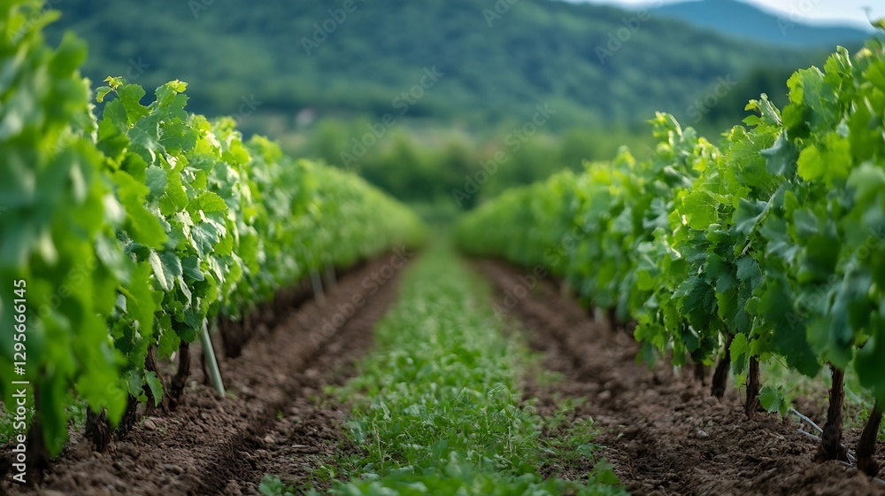 Naklejka premium Lush Green Vineyards Stretching into the Distance with Mountains Under a Clear Sky : Generative AI