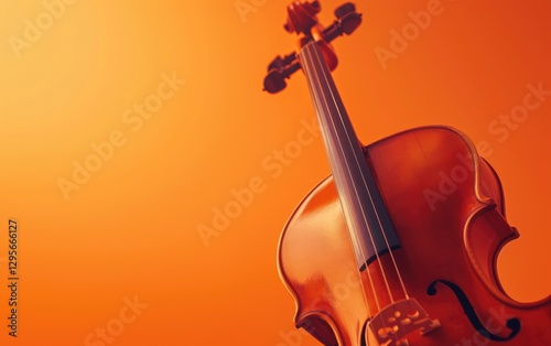 Close up view of a cello against a bright orange background