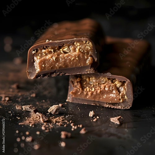 Gooey Chocolate Protein Bar with Detailed Texture and Dark Background