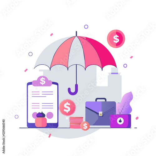 Umbrella over medical file and dollar coins showing insurance coverage
