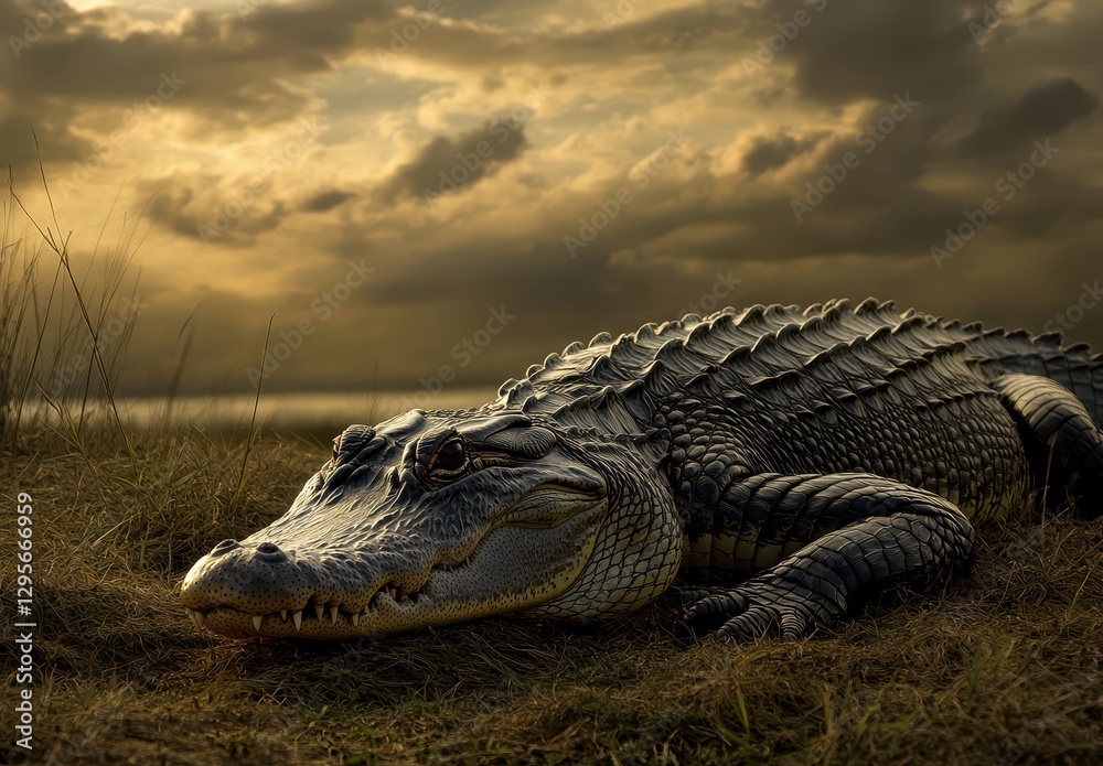 Obraz premium Majestic Alligator Lying on Grass Under Dramatic Sky at Sunset by Water, Showcasing Textured Skin and Powerful Presence in Natural Habitat