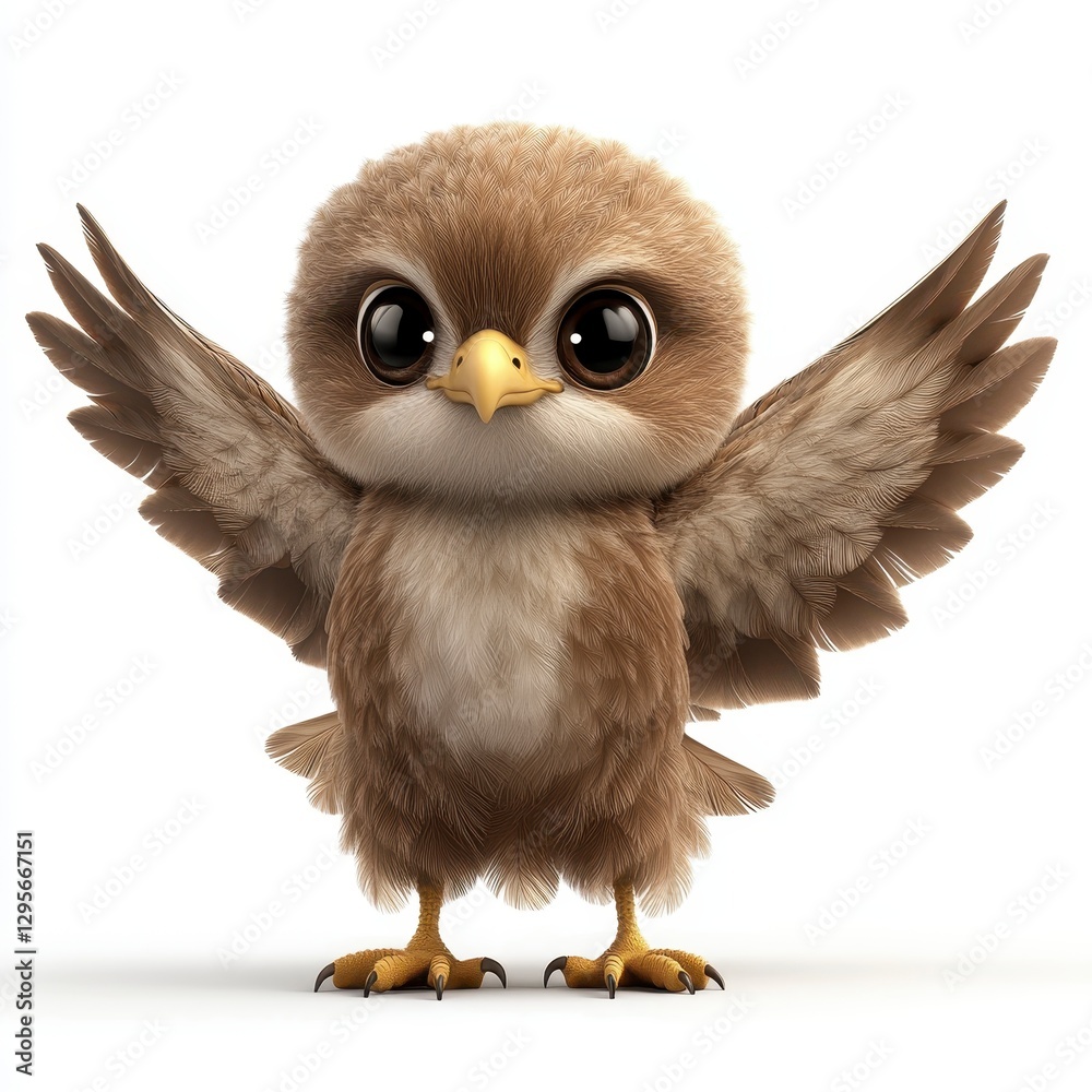 Obraz premium Adorable Brown Baby Bird with Outstretched Wings on White Background