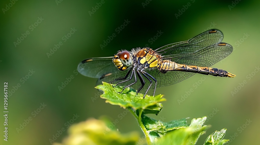 Closeup of a colorful dragonfly perched on a green leaf with a blurred background of nature : Generative AI Closeup of a colorful dragonfly perched on a green leaf with a blurred background of nature : Generative AI