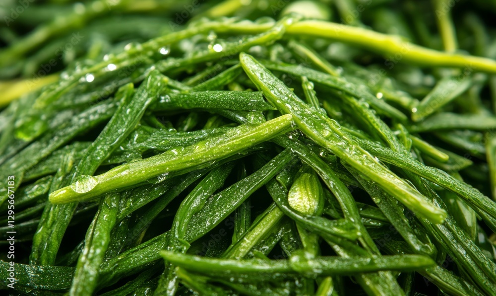 Fototapeta premium Beautiful natural details of dew drops or rain on fresh grass leaves are captured in a close-up macro shot, isolated on a transparent background