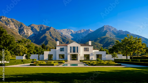 A large white house with a pool in front of a mountain range