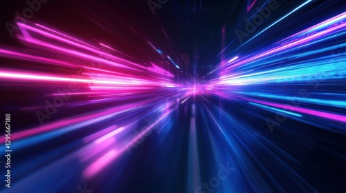 Abstract arrow speed motion light effect with glowing blue and pink colors, dynamic energy flow on a dark background. Futuristic, neon, and digital motion concept with vibrant light trails. Generativ