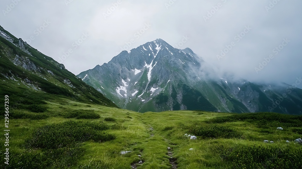 Majestic mountain range shrouded in mist with a lush green foreground : Generative AI Majestic mountain range shrouded in mist with a lush green foreground : Generative AI