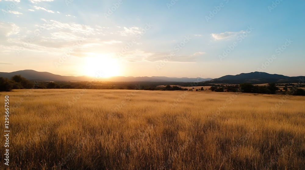 Golden Sunset Over a Serene Open Field Surrounded by Mountains and Nature : Generative AI Golden Sunset Over a Serene Open Field Surrounded by Mountains and Nature : Generative AI