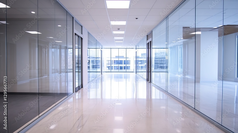 Modern and spacious office corridor bathed in natural light with sleek glass walls and contemporary design : Generative AI Modern and spacious office corridor bathed in natural light with sleek glass walls and contemporary design : Generative AI