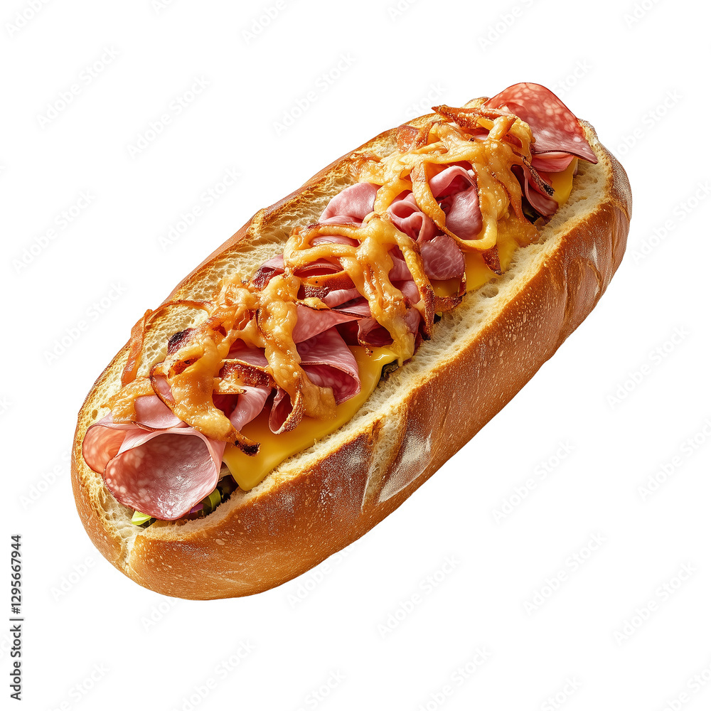 Delicious Baguette Sandwich with Ham and Cheese, Isolated on Transparent Background
