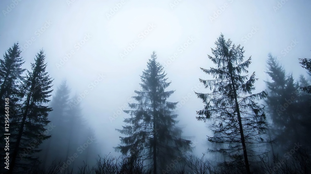 Eerie foggy forest with tall pine trees shrouded in mist : Generative AI Eerie foggy forest with tall pine trees shrouded in mist : Generative AI