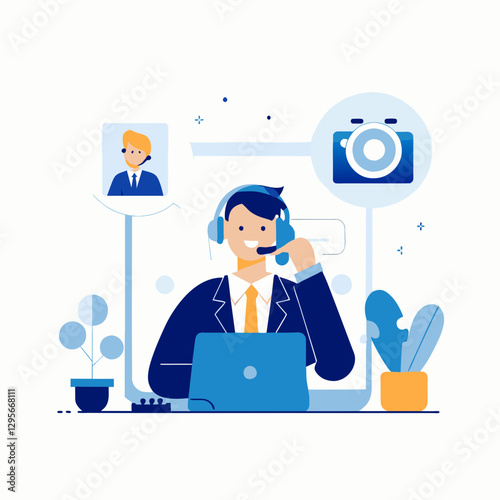 Businesswoman communicating online using video calls and chat tools for remote meetings and online conversation in modern flat style