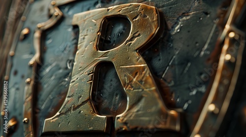 Close-up of an ornate golden letter 'R' embossed on a textured dark background.