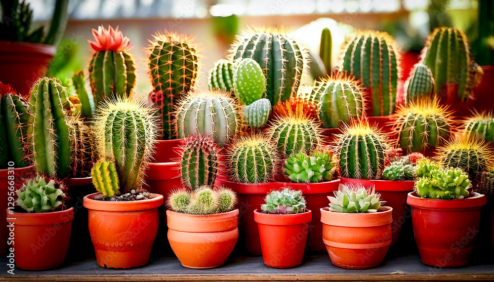 Diverse collection of cacti in terracotta pots showcasing variety of shapes and sizes Diverse collection of cacti in terracotta pots showcasing variety of shapes and sizes