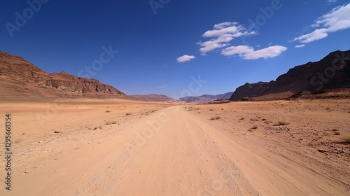 Desert Road Leading Through Stunning Wadi Rum Landscape Under a Clear Blue Sky : Generative AI