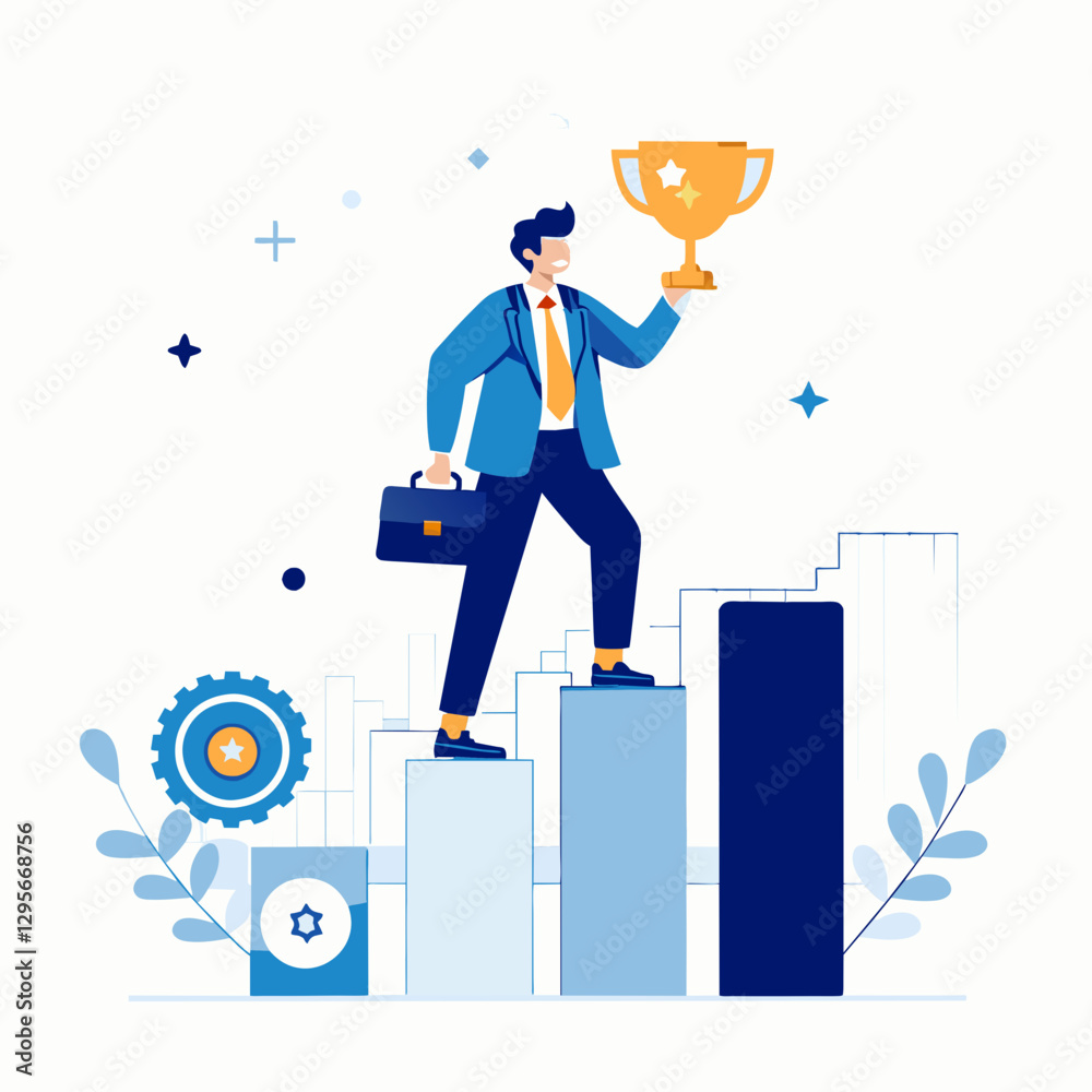 Obraz premium Businessman celebrating career growth and professional success while standing on top of bar chart