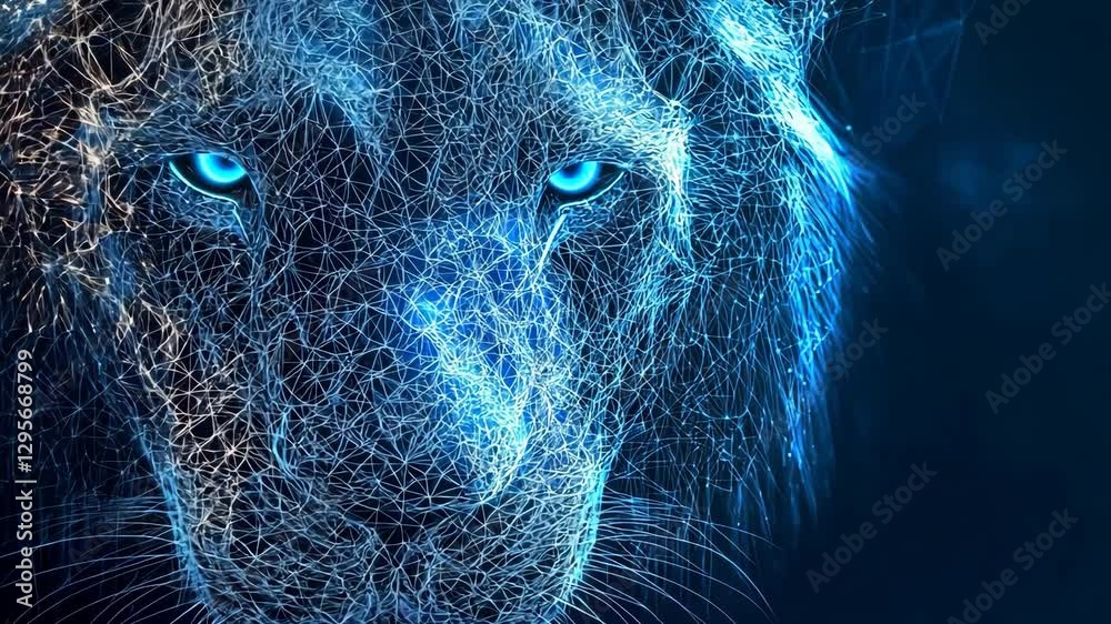 blue lion tiger head animal low poly wireframe digital ai generated video concept