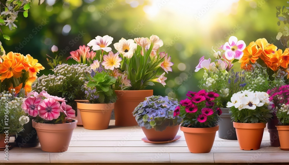 Beautiful potted flowers in bloom garden decor Beautiful potted flowers in bloom garden decor