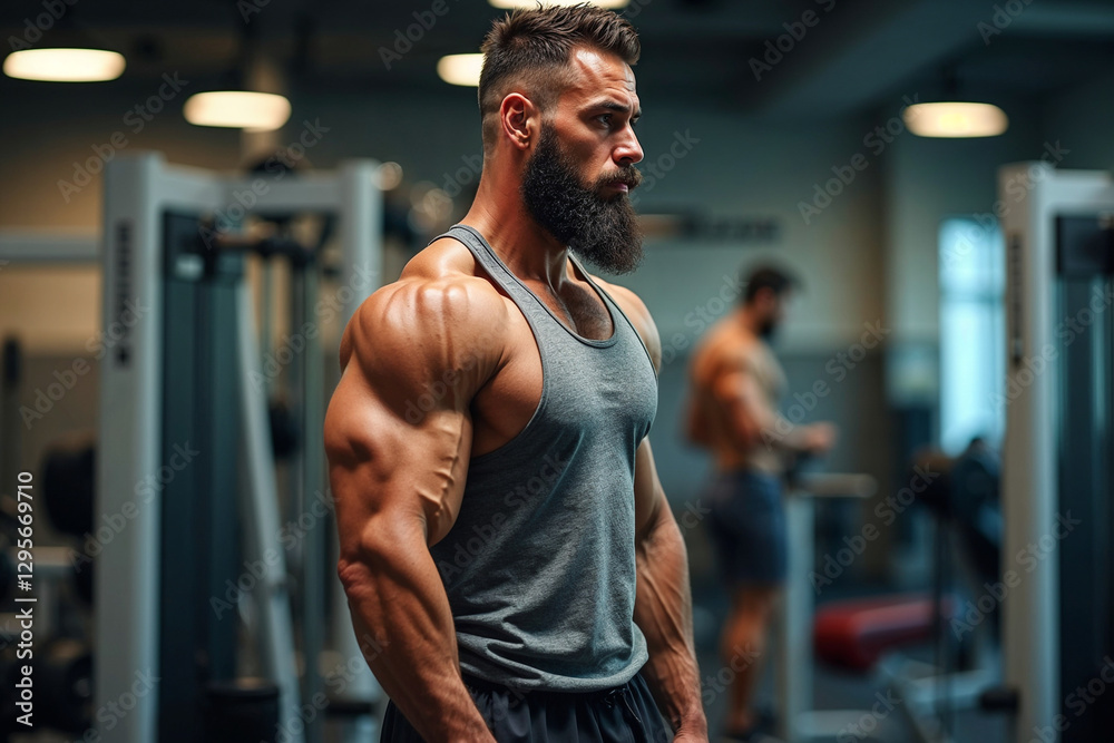 A muscular man stands confidently in a well-equipped gym, showcasing his impressive physique while another individual exercises in the background A muscular man stands confidently in a well-equipped gym, showcasing his impressive physique while another individual exercises in the background
