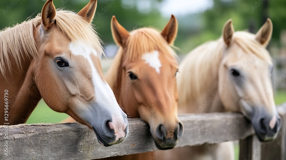 Naklejka premium Three Beautiful Horses Looking Over Wooden Fence in Green Pasture on a Sunny Day : Generative AI