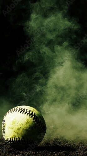 Softball resting on dirt with smoke background. Possible use Sports photography