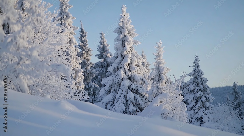 Serene Winter Scene with Snowy Evergreen Trees and Soft Blue Sky in Frosty Wilderness : Generative AI Serene Winter Scene with Snowy Evergreen Trees and Soft Blue Sky in Frosty Wilderness : Generative AI