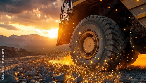 Heavy Machinery Rolling Through Gravel at Sunset