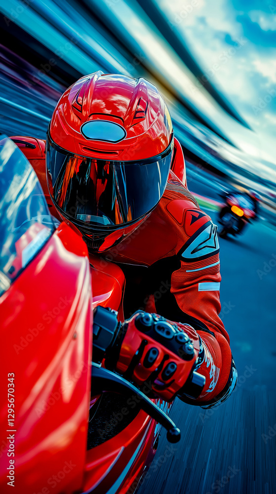 Fototapeta premium A person riding a red motorcycle on a race track