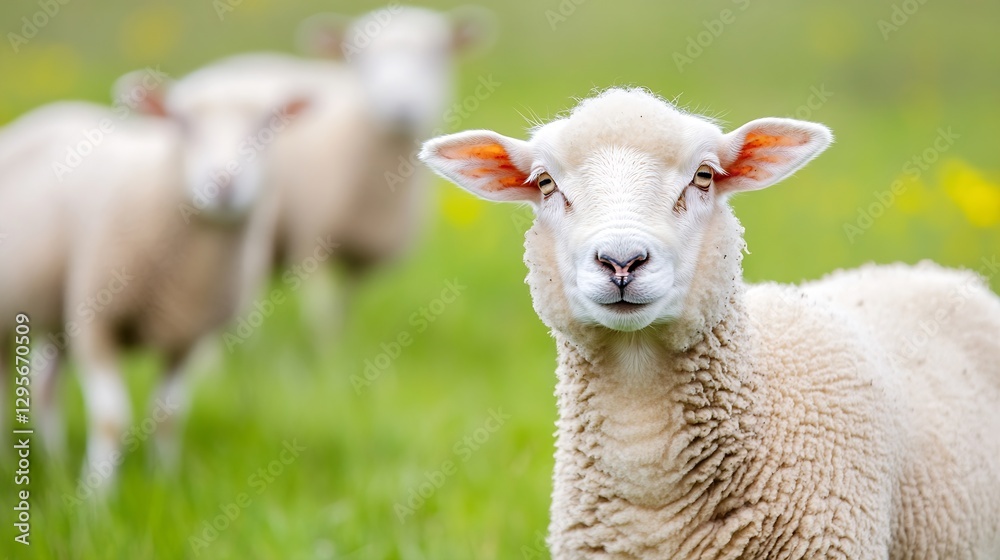 Obraz premium Close-Up Portrait of an Adorable Sheep in a Green Pasture : Generative AI