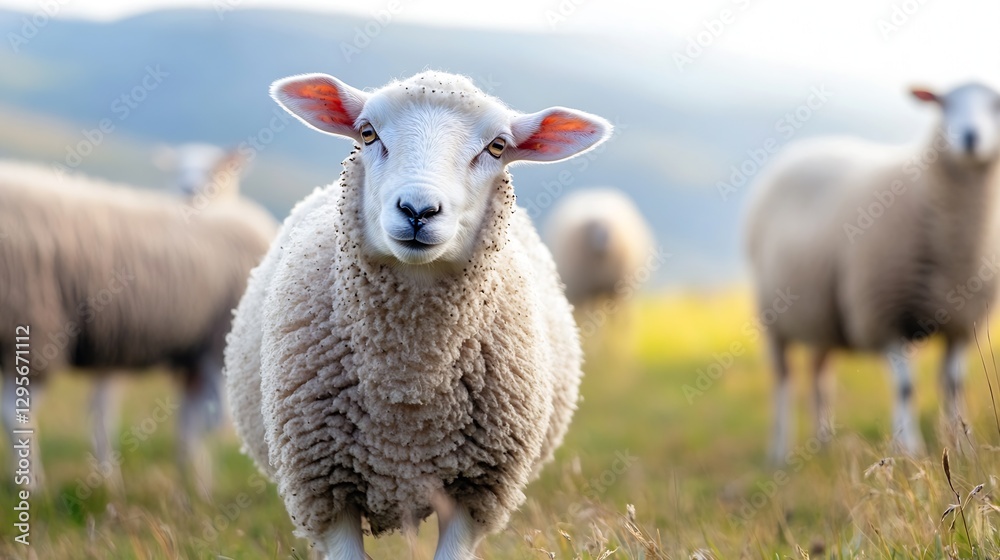 Curious Sheep in Pastoral Landscape Grazing in the Meadow with Gentle Hills in Background : Generative AI Curious Sheep in Pastoral Landscape Grazing in the Meadow with Gentle Hills in Background : Generative AI