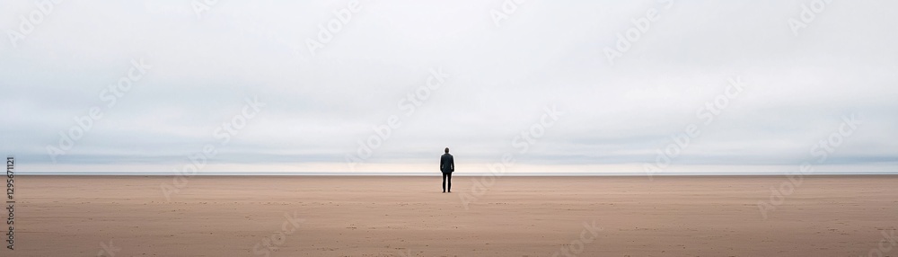 lone figure standing on a deserted beach, vast negative space, moody and contemplative, soft natural tones, cinematic simplicity, peaceful atmosphere, deep storytelling, visual balance, elegant lone figure standing on a deserted beach, vast negative space, moody and contemplative, soft natural tones, cinematic simplicity, peaceful atmosphere, deep storytelling, visual balance, elegant