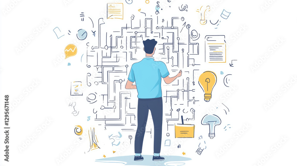 Businessman brainstorming solutions, conceptualizing an easy and fast way to solve complex problems like navigating a maze. Businessman brainstorming solutions, conceptualizing an easy and fast way to solve complex problems like navigating a maze.