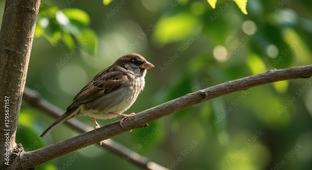A house sparrow perched gracefully on a branch, against a lush green background of foliage.